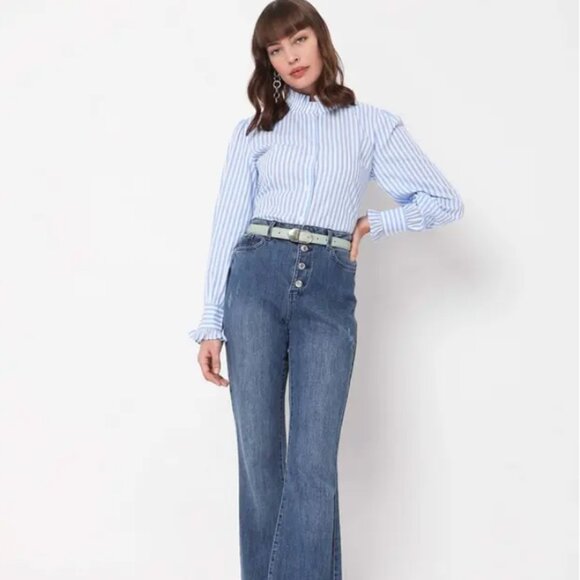 Vero Moda Striped Cotton High Ruffle Neck / Cuffs Women's Button Up Shirt (MED) - Picture 2 of 15